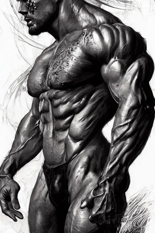 Image similar to Portrait of frontal standing pose torso of a very attractive muscular man heavily all his skin is covered by BIKER tattoos, surrounded by magic lightings overlays, Intricate, concept art, magic lighting overlays, magical portal opened, D&D!, fantasy style, sharp focus!, ultra detailed, art by Artgerm and Peter Andrew Jones, WLUP, Magali Villeneuve