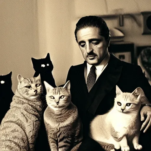 Image similar to the godfather surrounded by cats