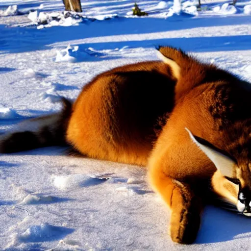 Prompt: photo still of drunk sleepy fat chubby caracal, lying on ice, big stomach, fullbody, sunny winter day