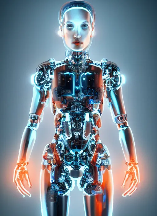 Prompt: photorealistic detailed full body picture of a female cyborg, pretty face, with head arms legs feet and hands, glamour pose, neon lights, humanoid, extreme, uhdr, book called the most influental cyborg in 2 0 5 0, fine details, highly detailed, intricate, smooth sharp focus, symmetrical features, environmental portrait, realistic render