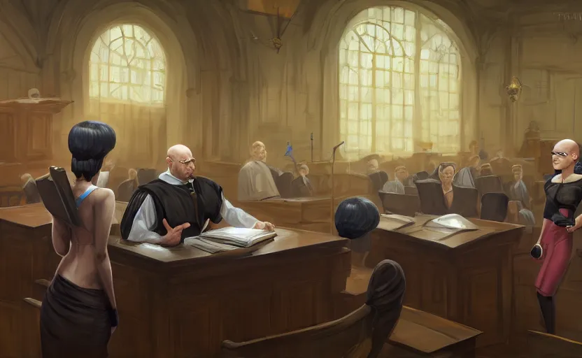 Prompt: courtroom, trial of a bald man! in a skirt! and black stockings!!, no blur, 4 k resolution, ultra detailed, style of marc simonetti, tyler edlin, deviantart