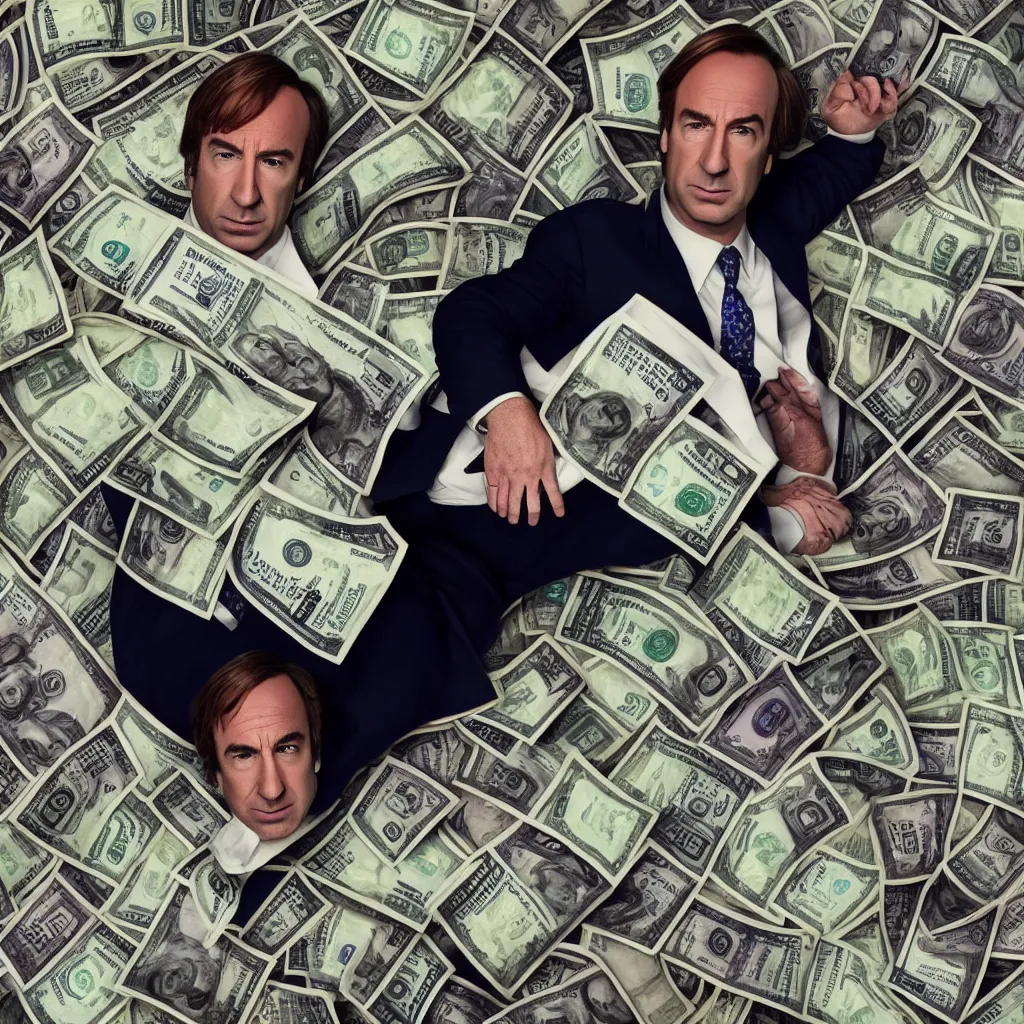 Image similar to saul goodman, better call saul, swimming in money, photo, 4 k