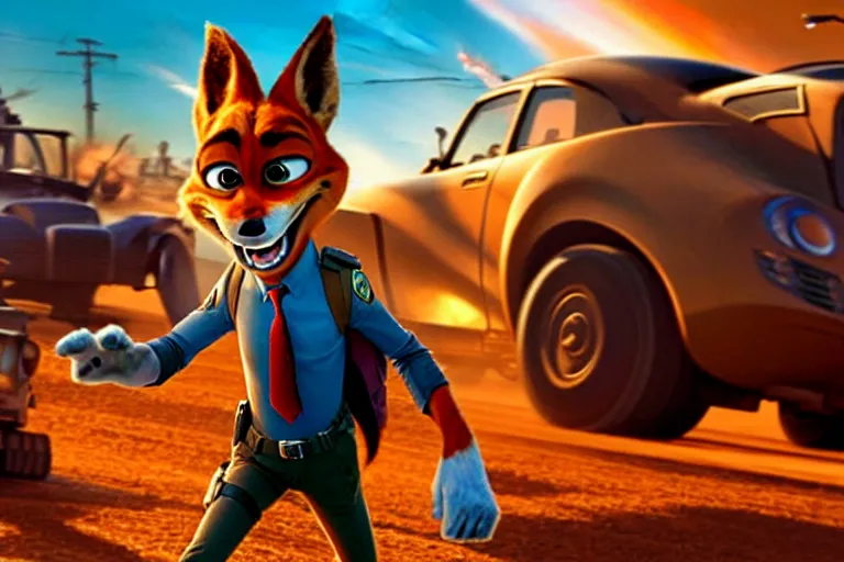 Image similar to nick wilde ( from zootopia ), heavily armed and armored facing down armageddon in a dark and gritty reboot from the makers of mad max : fury road