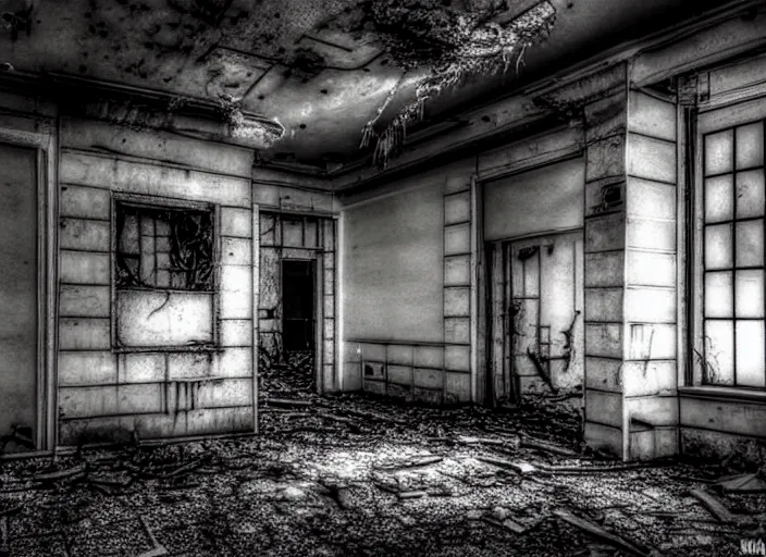 Image similar to creepy abandoned building at night, liminal space, nightmare fuel, grotesque, cursed, found footage, necromorph, back rooms