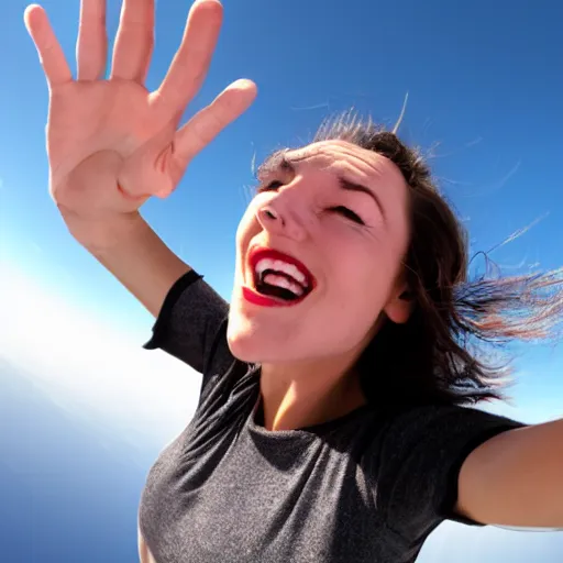 Image similar to photo, young woman, falling from plane, scared face, camera view from beneath the person