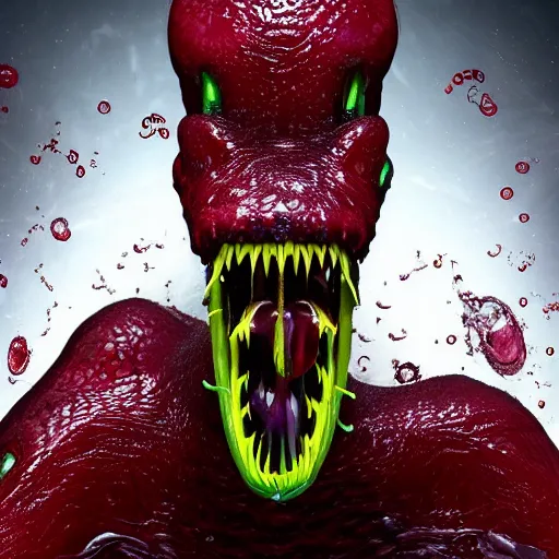 Image similar to a large slimy monster a with very long slimy tongue, dripping saliva, macro photo, fangs, red glowing skin, skin with scales, cinematic, tiny glowbugs everywhere, standing in shallow water, insanely detailed, dramatic lighting