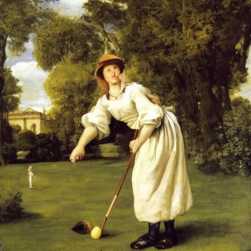 Prompt: columbo playing croquet in the garden, happy expression, smiling, holding a croquet mallet, rule of thirds, golden ratio, oil on canvas, highly detailed, warm color scheme, soft lighting, sharp focus, adelaide labille - guiard, artemisia gentileschi