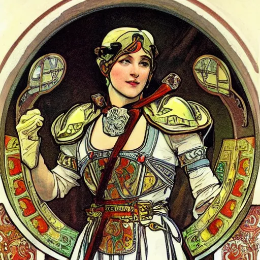 Image similar to germania in full plate armour, sword, shield, painted by alphonse mucha