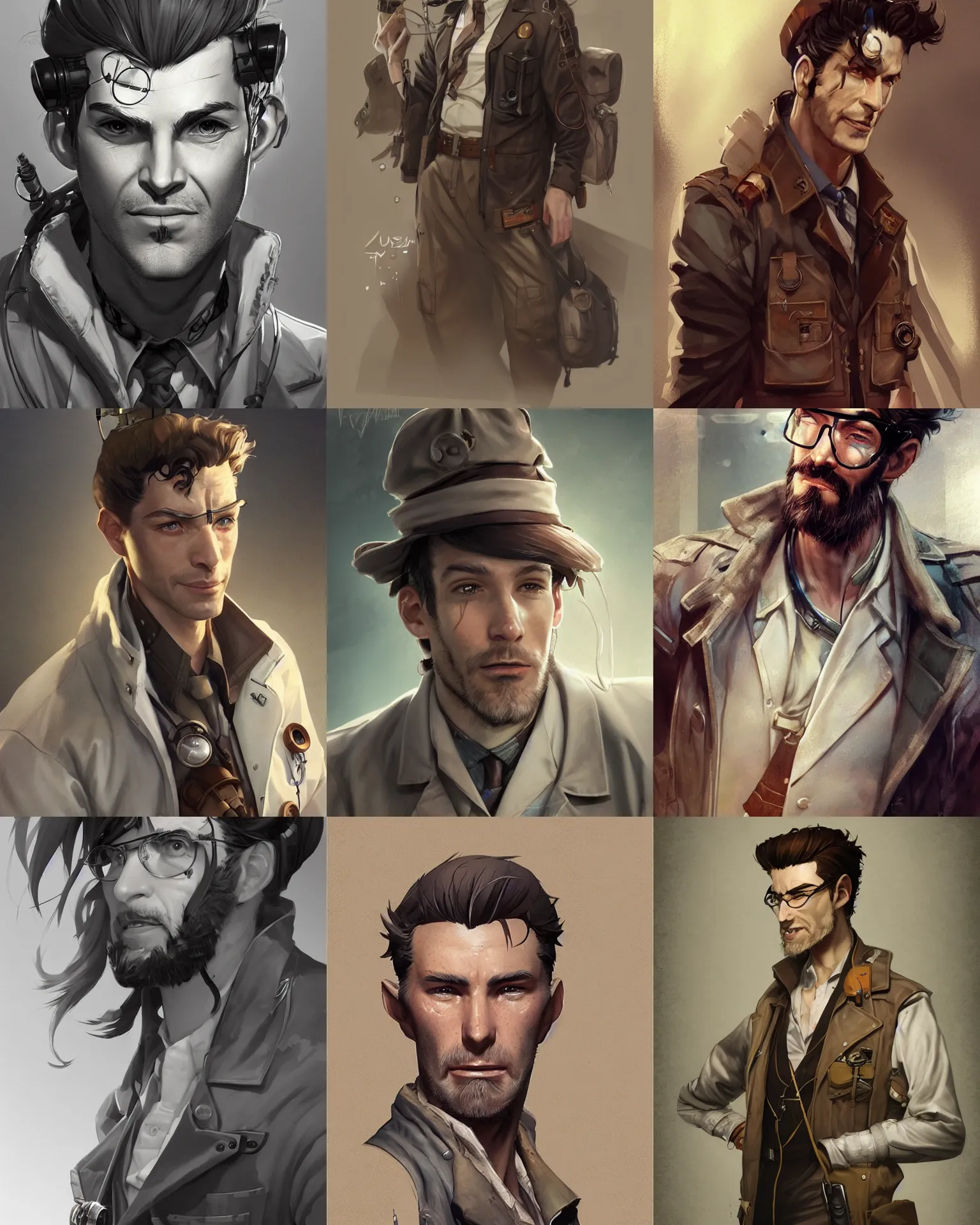 Prompt: A ruggedly handsome male dieselpunk scientist in a lab coat, stubble, visualartzi, dieselpunk, anime, concept art by Karla Ortiz, James Paick, Charlie Bowater, Krenz Cushart, highly detailed, ultra detailed, ultra realistic, trending on artstation, cgstudio