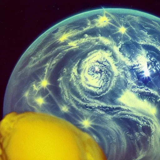 Prompt: lemon planet, photo by hubble telescope