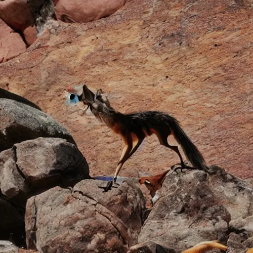 Image similar to wile e coyote eating a road runner steak on a falling boulder