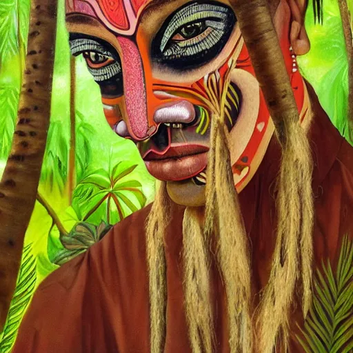 Prompt: beautiful portrait of a plant teacher spirit uchu sanango in the jungle, tribal face paintings, ayahuasca, matte painting