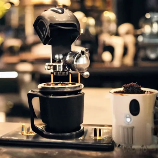 Prompt: dslr photo of a steampunk robotic coffee machine with small gears in an android coffee shop, by ridley scott,