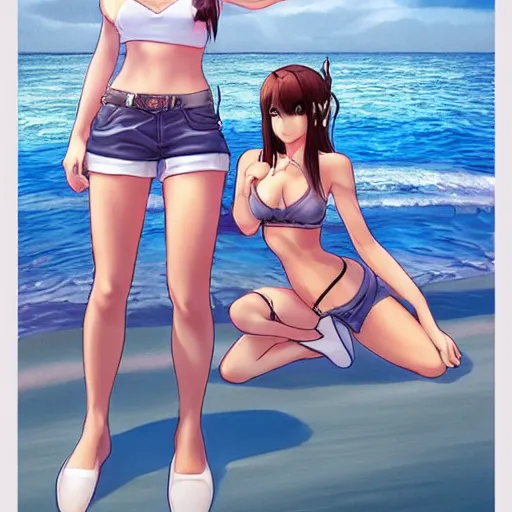 Prompt: beautiful aerith and tifa and jessie from final fantasy in daisy dukes on the beach making eye contact drawn by artgerm