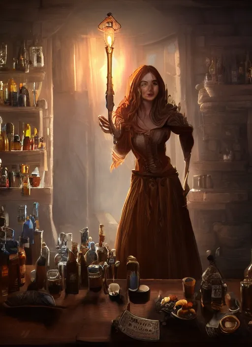 Image similar to barkeep tavern lady ultra detailed fantasy, elden ring, realistic, dnd character portrait, full body, dnd, rpg, lotr game design fanart by concept art, behance hd, artstation, deviantart, global illumination radiating a glowing aura global illumination ray tracing hdr render in unreal engine 5