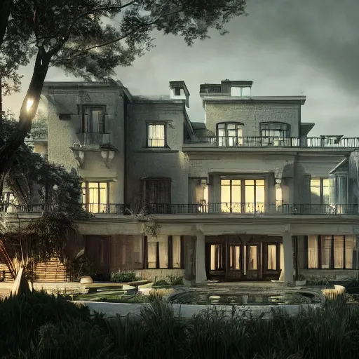 Prompt: Exterior of modern mansion, beautiful dynamic lighting, cinematic, wide angle establishing shot, extremely high detail, photo realistic, cinematic lighting, post processed, concept art, artstation, matte painting, style by eddie mendoza, raphael lacoste, alex ross, volumetric lighting, light rays, photorealistic, ultrarealistic, moody, coronarender, 8k