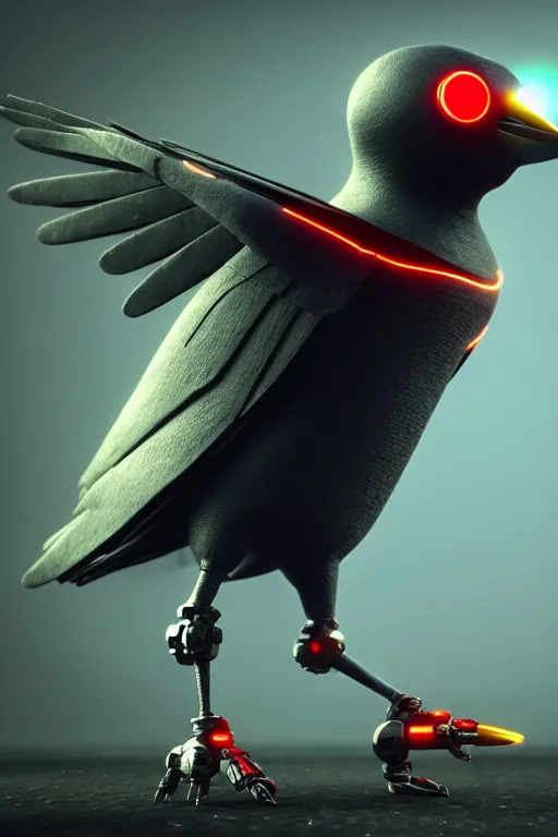 Image similar to high quality 3 d render very cute cyborg crow! sings into microphone!!, cyberpunk highly detailed, unreal engine cinematic smooth, in the style of blade runner & detective pikachu, hannah yata charlie immer, moody light, low angle, uhd 8 k, sharp focus