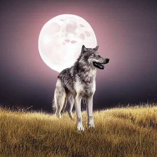 Prompt: bioluminescent wolf howling at the full moon, HD, Award winning photograph, hyperreal, fog, detailed, Amazing