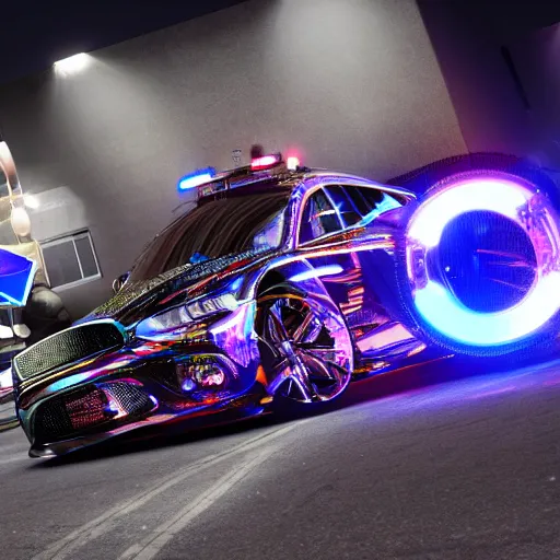 Prompt: chrome hoops lit by police lights, hyper detailed, cgi