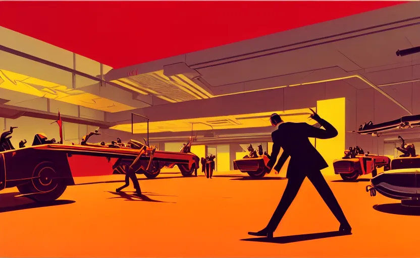 Image similar to syd mead, big room in center pedestal with ak 4 7 and men's in suit's around, soft light, red + yellow colours, golden facture, high quality details, two point perspective, denoise deep depth of field