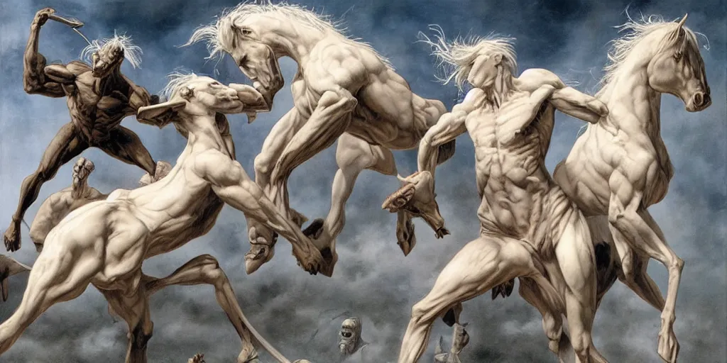 Prompt: albino centaurs fighting with black centaurs by gerald brom, hyper realistic,