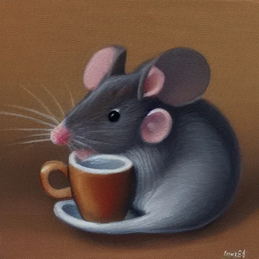 Prompt: A mouse cozied up for the evening sipping tea, oil painting