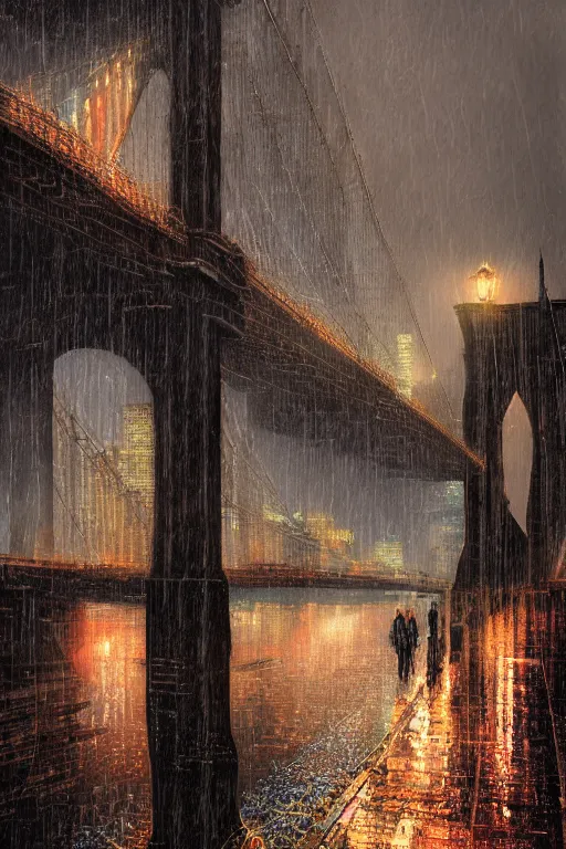 Prompt: beautiful digital illustration Brooklyn Bridge in the rain bokeh and sunrays by Marc Simonetti