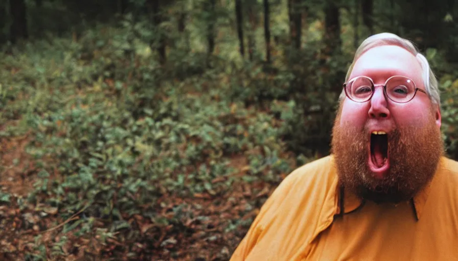 Image similar to far view, extremely fat obese mitch mcconnell with long beard, wearing dirty overalls, dirty greasy face, grin, portrait, close up, kodak gold 2 0 0, 5 0 mm,