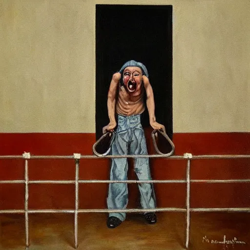 Image similar to a screaming prisoner holding prison bars, realism old painting, oil painting