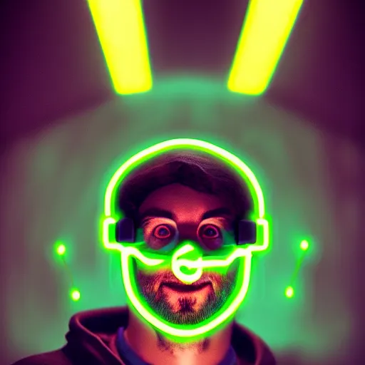 Image similar to portrait of a programmer with green hood by greg rutkowski, neon light, close up