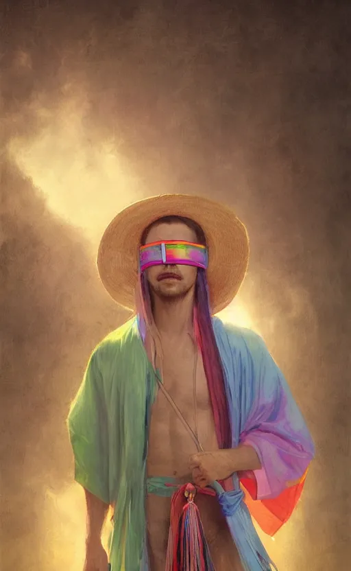 Prompt: portrait of a man wearing a blindfold, rainbow colored robes, large straw hat with tassels hanging from it, fantasy, highly detailed, cinematic lighting, digital art painting by greg rutkowski