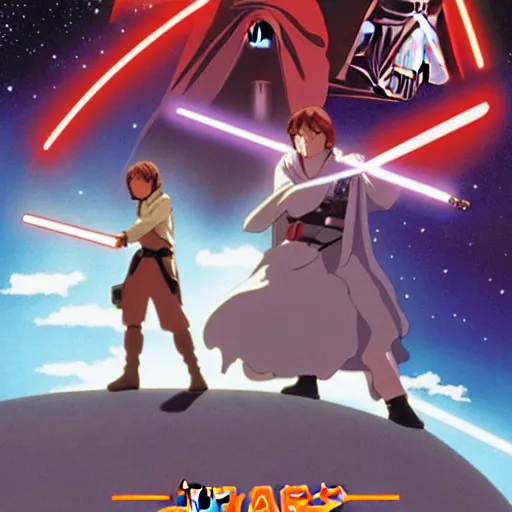 Prompt: film still Poster of Star Wars A New Hope Artwork by Dice Tsutsumi, Makoto Shinkai, Studio Ghibli