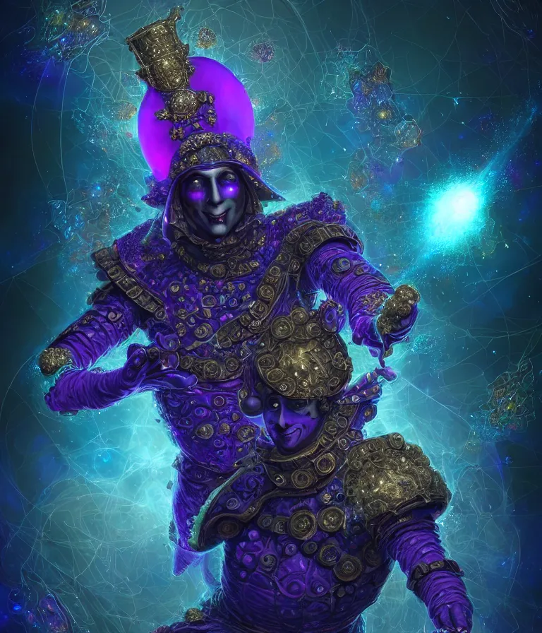 Image similar to front!!! shot of a court jester!!! character, mesmerizing fractal hypercubes, dark holography!!!, future, metallic nebula, crystalline edges, polygonal, elegant, highly detailed, centered, (((artstation, concept art, jagged, sharp focus, artgerm, Tomasz Alen Kopera, Peter Mohrbacher, donato giancola, Joseph Christian Leyendecker, WLOP, Boris Vallejo))), ((raytracing)), mugshot!!!!!, ugly!!!!!!, octane render, nvidia raytracing demo, octane render, nvidia raytracing demo, octane render, nvidia raytracing demo, 8K