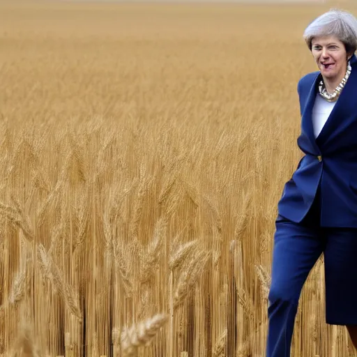 Prompt: theresa may walking in a field of wheat