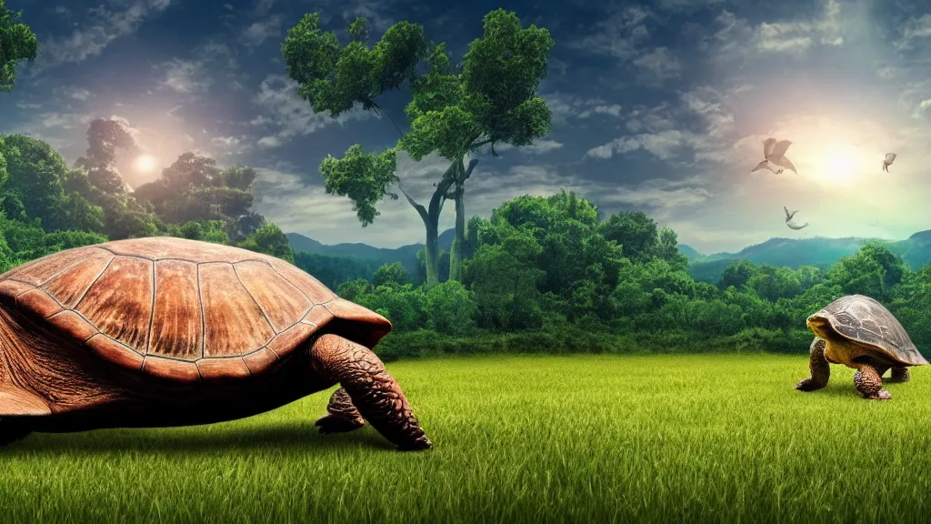 Image similar to Giant turtle with a city on it's back, walking through an open field, forest visible in the background