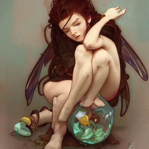 Image similar to A pouting fairy sitting in a jar, digital painting, detailed, artstation, Krenz Cushart, Greg Rutkowski, Alphonse Mucha, Artgerm