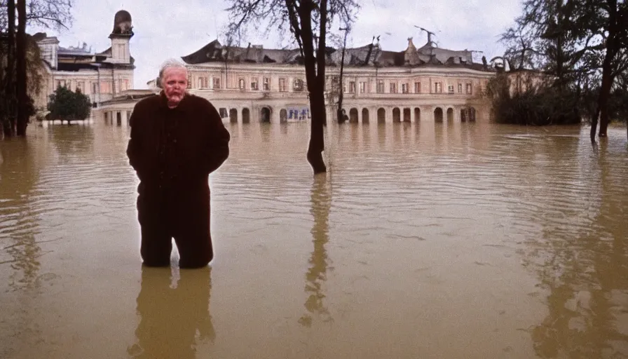 Image similar to 7 0 s movie still of an old manstanding in a soviet stalinist style palace flooded in mud, cinestill 8 0 0 t 3 5 mm eastmancolor, heavy grain, high quality, high detail