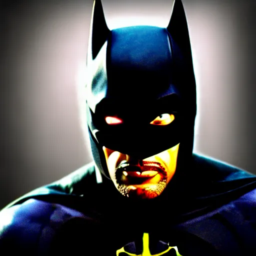 Image similar to of a photo of will smith as batman with a serious face looking at the camera, f 2. 8