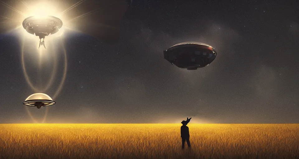 Prompt: Alien UFO abducting man in the middle of a field at night, atmospheric, symmetrical composition, artstation