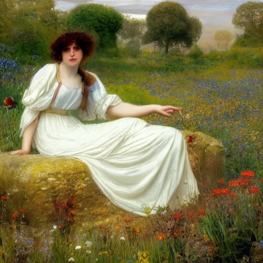 Image similar to a young woman in a flowing white gown sits on a rainbow stone among a wildflower meadow at dawn, in the style of alma tadema, iridescent, diffraction, holographic