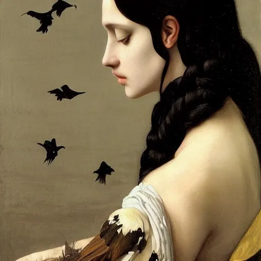 Prompt: portrait of a dark haired girl, long hair, pale beautiful gentle face, intricate goth dress, among ravens, highly detailed, deep focus, elegant, digital painting, smooth, sharp focus, golden ratio, illustration, ultra realistic, 8 k, art by artemisia lomi gentileschi and caravaggio
