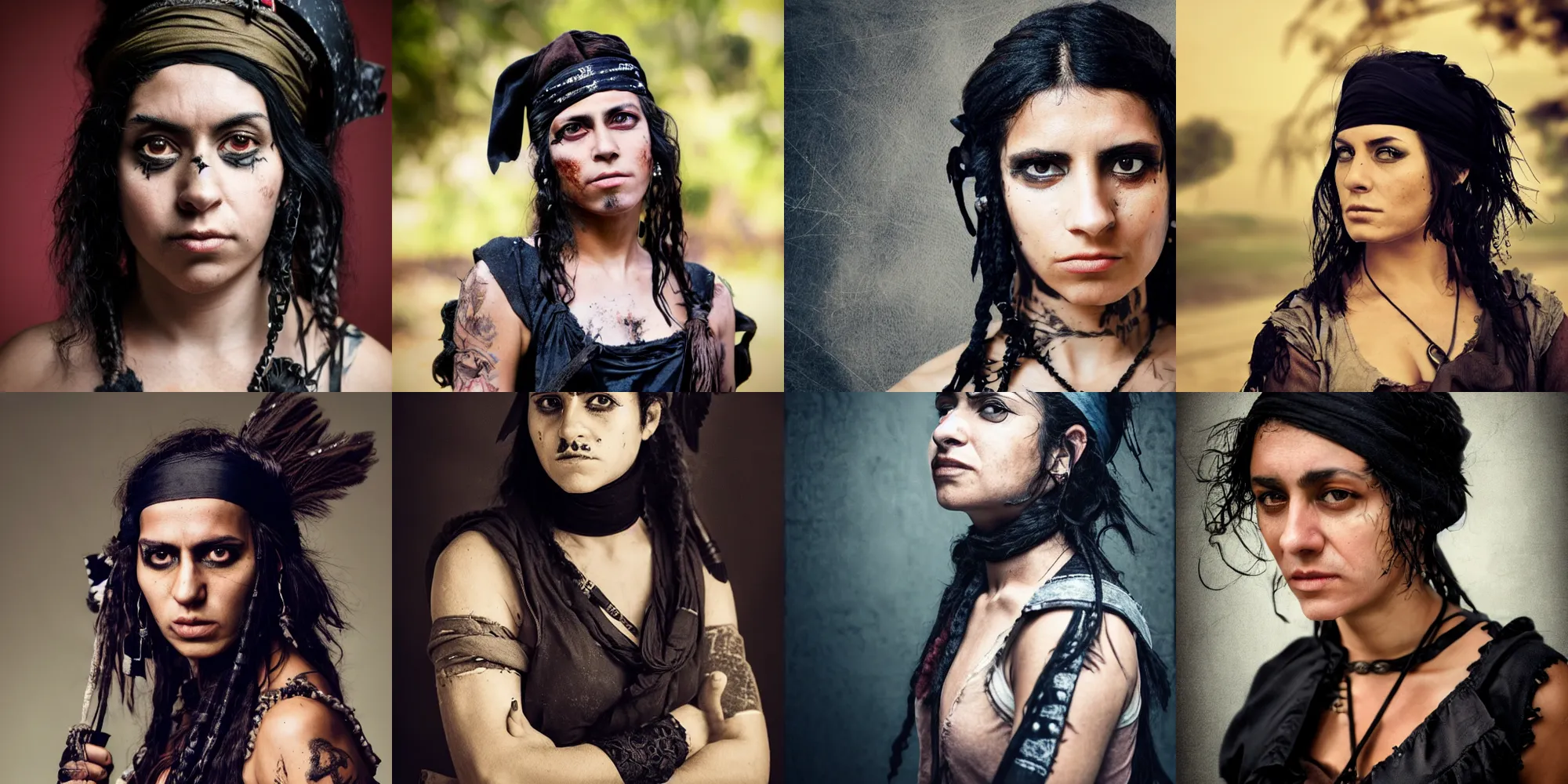 Prompt: a portrait photo of a pirate woman, an 18th century hispanic with olive skin black eyes and short black hair, well defined jawline, young adult, dirty and ragged, wearing a black bandana, with a crow on her shoulder, HD photography, cinematic lighting, movie shot, no makeup