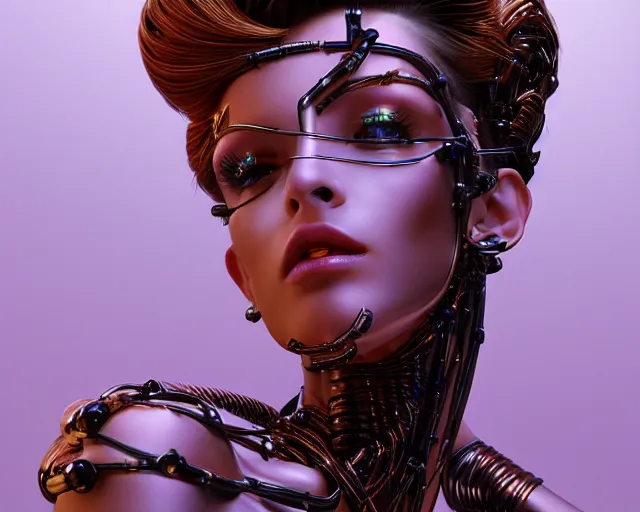 Prompt: beauty woman made of small copper cubes, hair made from electrical wiring and conduits, very detailed, dramatic lighting, mechanical details, electrical details, high details, 4k, 8k, trending on artstation, by Hajime Sorayama and Boris Vallejo