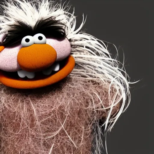 Image similar to a still of a forgotten muppet character looking very manly and modern, hilarious, laughing, hairy chest, huge chin, manly monster tough guy, roughled fur, photo real, photographic, photograph, artstation, trending, featured