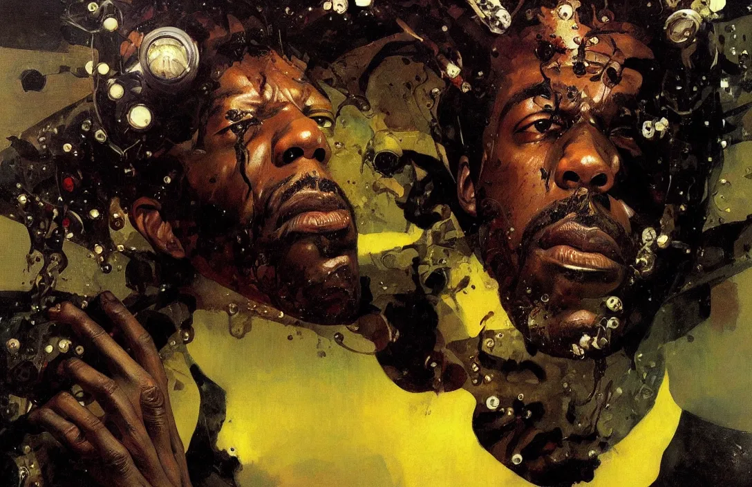 Image similar to portrait of flying lotus!!!!!!!!!!!!!!!!!!!!!!!!!!!, detailed face, detailed painting,, epic lighting, by ilya repin, phil hale and kent williams