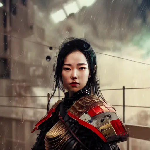 Image similar to An realistic epic fantastic comic book style portrait painting of a female cyber samurai by WLOP, black and reddish color armor, cyberpunk feel raining at tokyo rooftop, Concept world Art, unreal 5, DAZ, hyperrealistic, octane render, cosplay, RPG portrait, dramatic lighting, rim lights