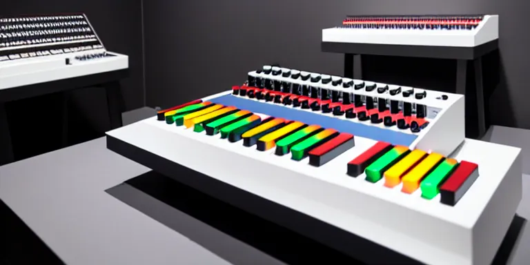 Image similar to dezeen showroom , minimalissimo, archdaily, teenage engineering moad, memphis design, google design, mother of all decks, product design concept, top down view of moog melotron synthesizer made by jony ives , dieter rams, 8k, high detailed photo