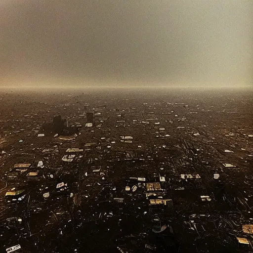 Image similar to “the fall of man, cities destroyed, dust in the air, collapsed bodies, dark, atmospheric, high quality”