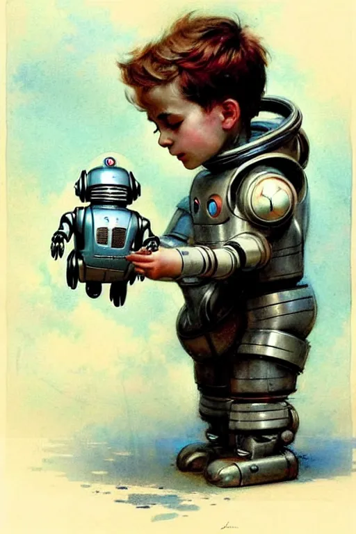 Image similar to ( ( ( ( ( 1 9 5 0 s a boy playing with his robot lost in space robot b 9. muted colors. ) ) ) ) ) by jean - baptiste monge!!!!!!!!!!!!!!!!!!!!!!!!!!!