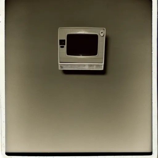 Prompt: small and dark concrete room with an old tv showing a pair of eyes, creepy, eerie, old polaroid, expired film,